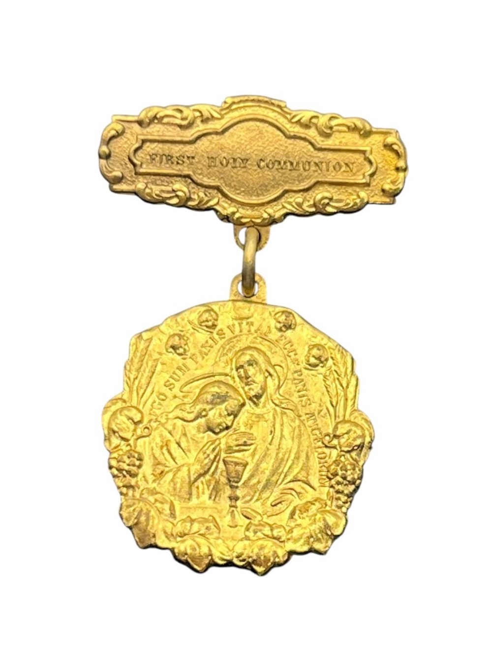 Catholic Religious First Holy Communion gold tone Jesus vintage brooch pin